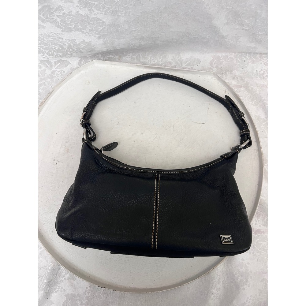 The Sak Black Pebbled Leather Shoulder Bag Baguette Contrast Stitch PO 6548-CS